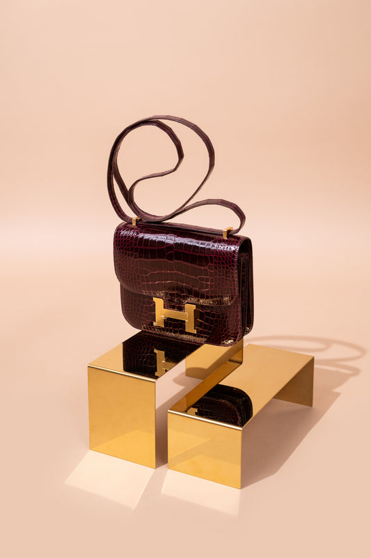Hermès Mini Constance Shiny Alligator in Bordeaux GHW