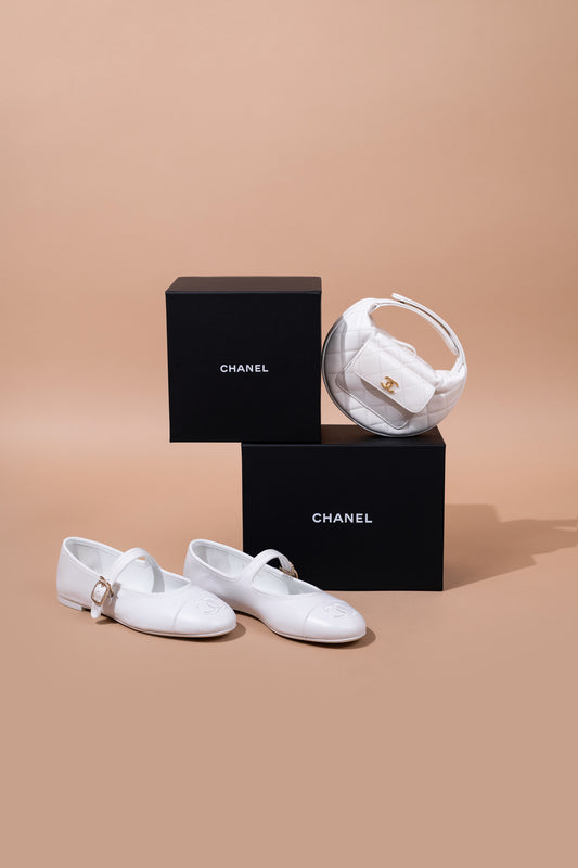Chanel White Polly Pocket Pouch Hobo Caviar & White Flat Mary Janes