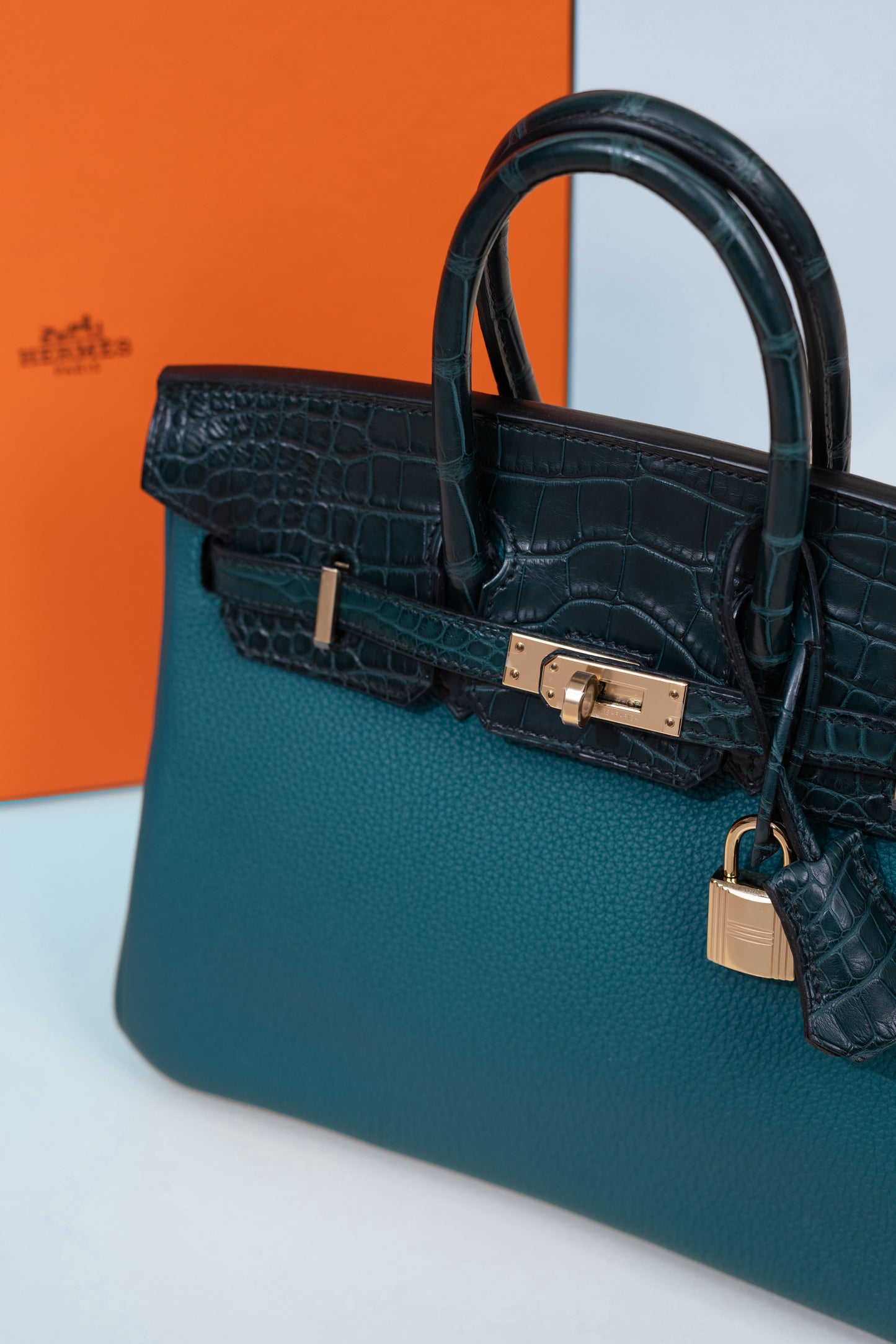 Hermès Birkin 25 Touch Matte Alligator في Vert Bosphore / Vert Rousseau PBHW