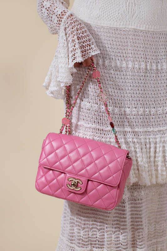 Chanel White Laced Dress with Small Pink Flap Bag