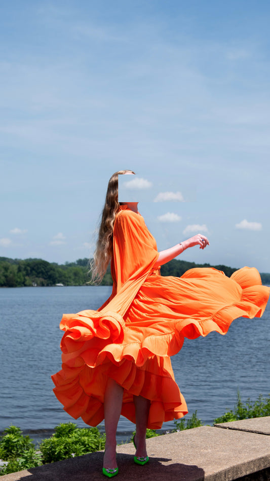Lanvin Cape-Effect Tie-Detailed Ruffled Charmeuse Dress in Orange