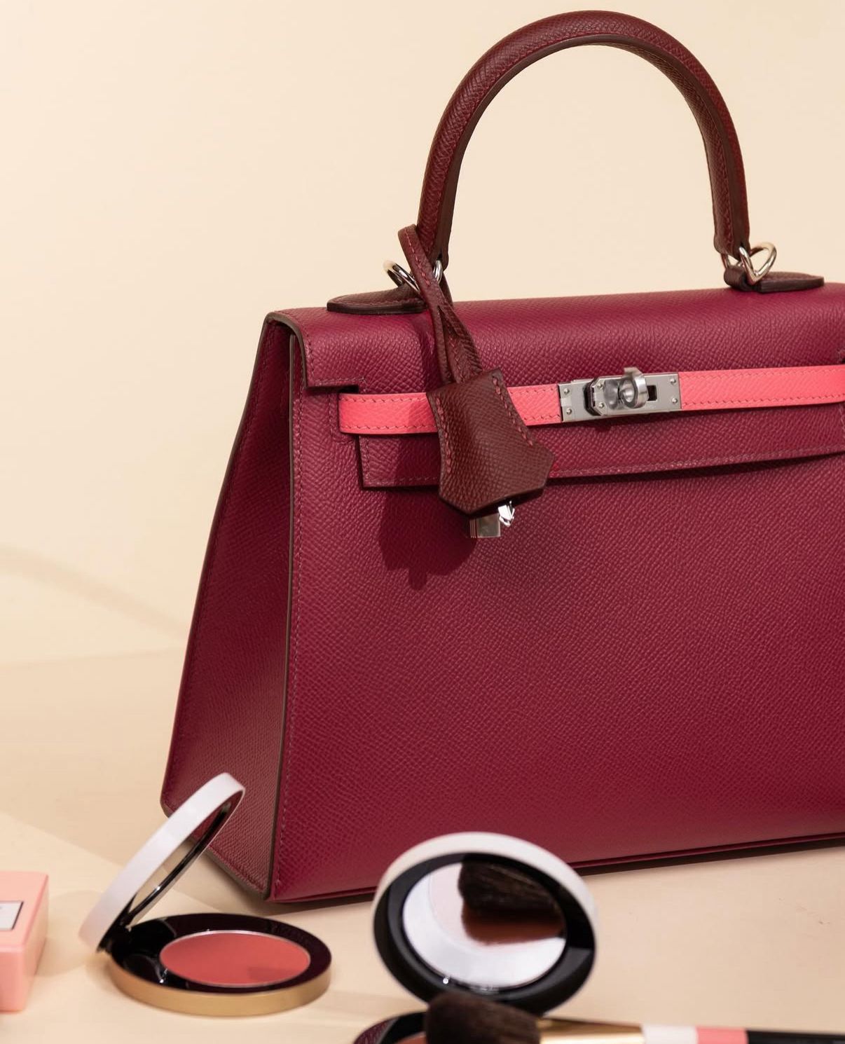 Hermès Kelly 25 Epsom Tricolor in Rouge H/Rose Azalee/Ruby PHW