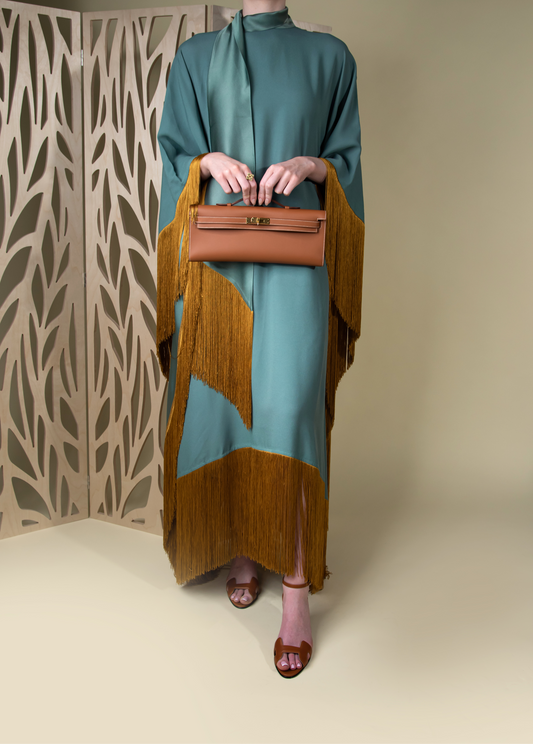 Taller Marmo Satin Kaftan in Sage Green with Hermès Kelly Cut Gold