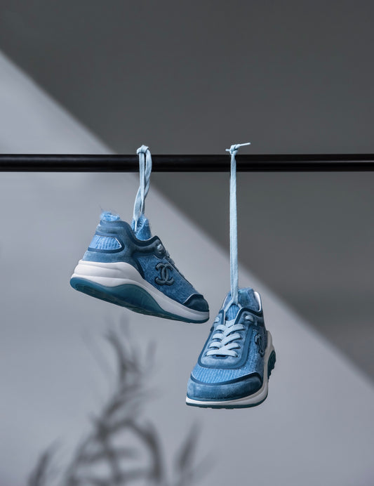 Chanel Suede Stretch Fabric CC Sneakers in Light Blue