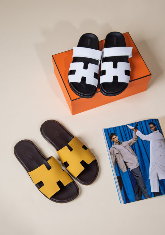 Hermès Calfskin Chypre White Sandals & Izmir Jaune Sable Sandals