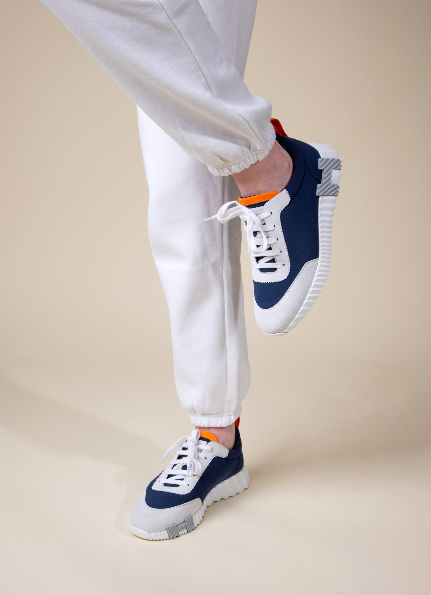 Hermès Orange Maxi T-Shirt with Bouncing Sneakers in Multicolor Blue