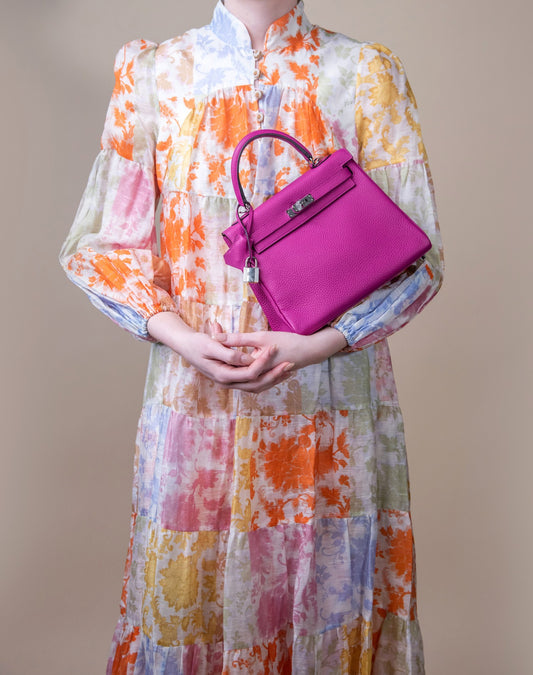 Hermès Kelly 25 Rose Pourpre & Zimmermann Floral Dress
