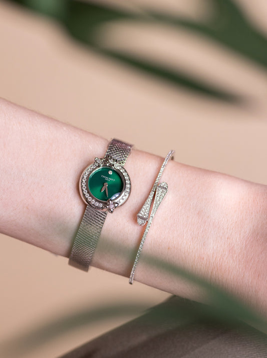 Chaumet Hortensia Eden Green Watch & Marli Cleo White Gold Full Diamond Slim Slip-On Bracelet