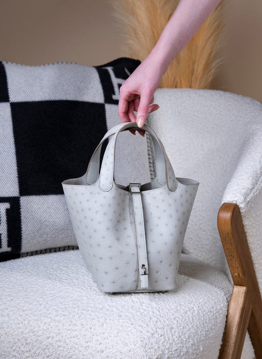 Hermès Ostrich Picotin 18 in Gris Perle PHW