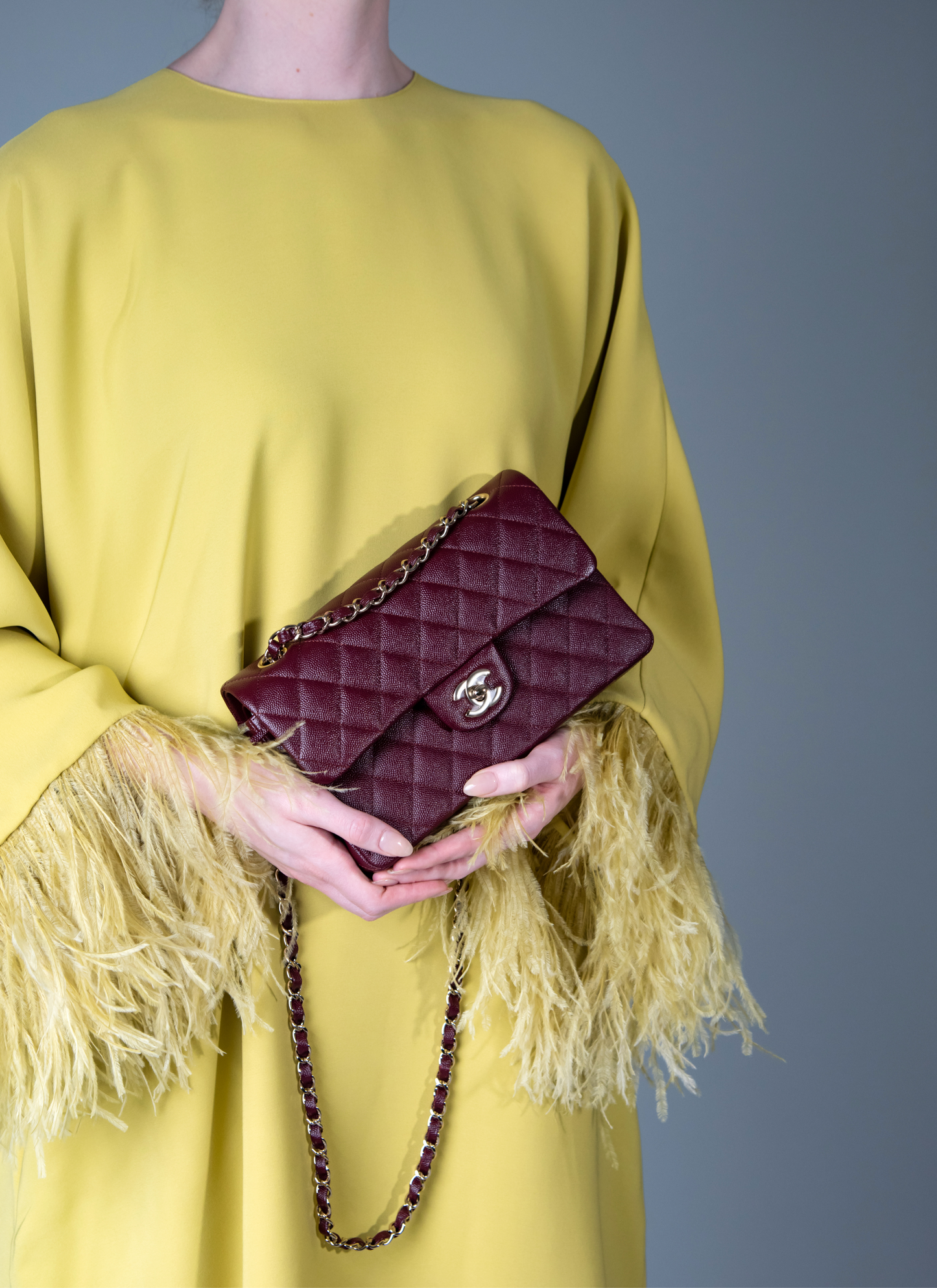 Valentino Feather Embellished Shift Dress with Chanel Small Flap Bag in Caviar Burgundy