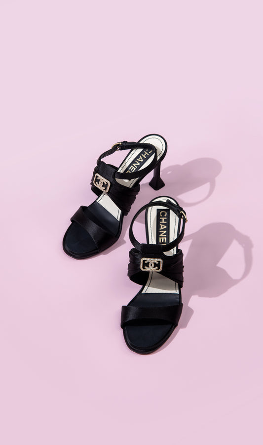 Chanel Black CC Satin Sandals