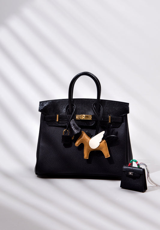 Hermès Birkin 25 Touch Shiny Lizard in Black GHW with Charm