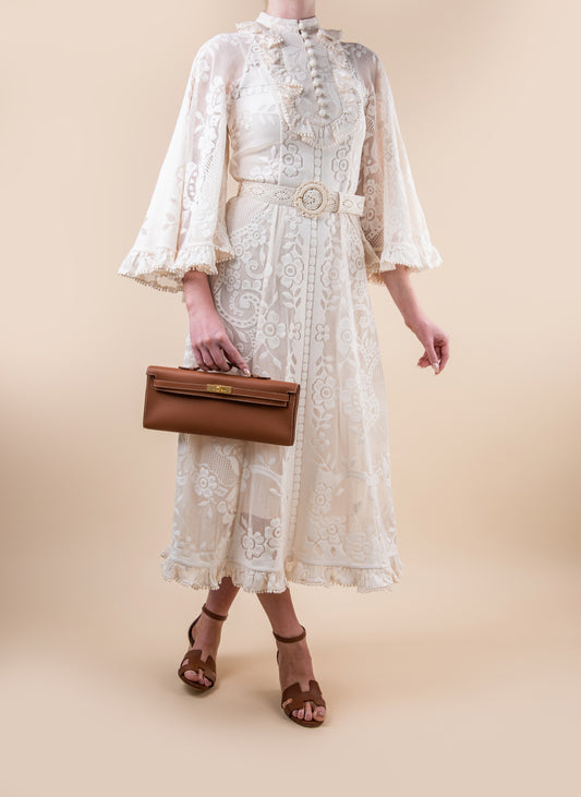 Zimmermann Tiggy Lace Midi Tunic Ivory Dress with Hermès Kelly Cut Gold & Legend Sandals
