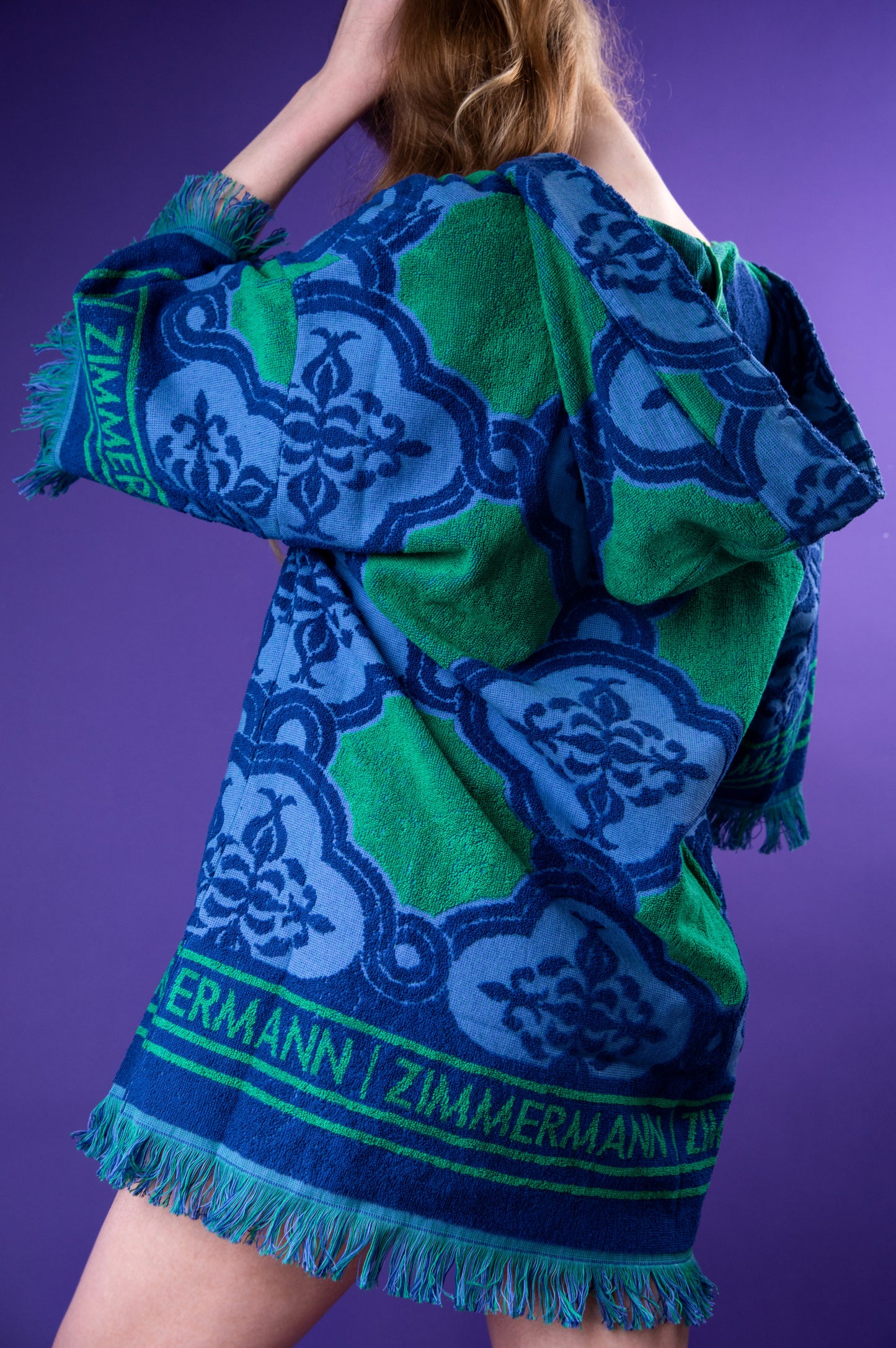 Zimmermann Fringed Hooded Cotton-Terry Jacquard Coverup in Blue/Green