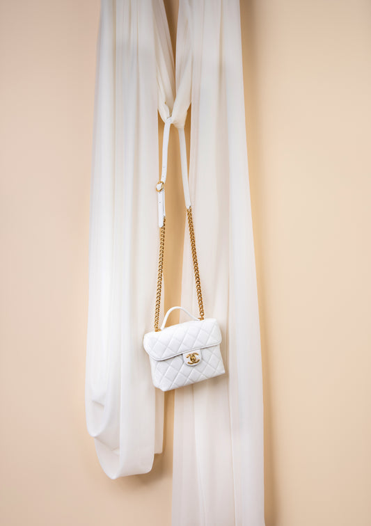 Chanel White Small Vanity Case Grained Calfskin & Gold-Tone Metal