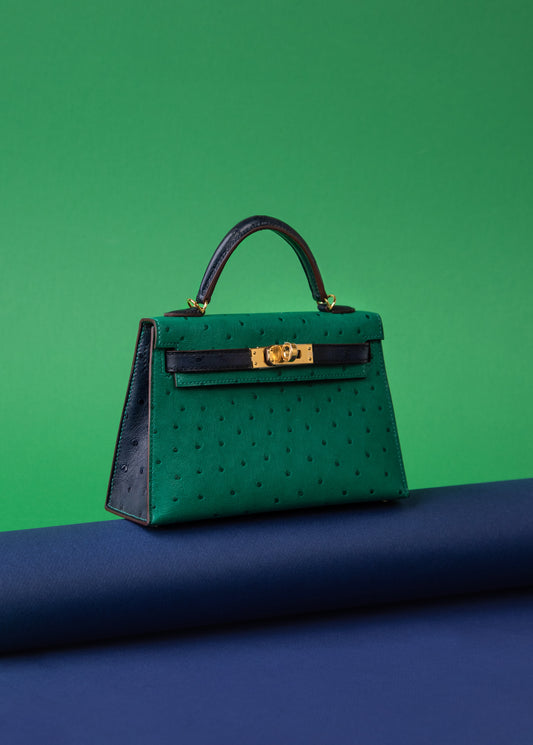 هيرميس HSS Mini Kelly 20 Ostrich Vert Vertigo/Blue Iris GHW