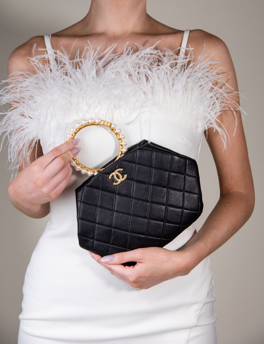 Chanel Small Pearls Handle Black Evening Bag