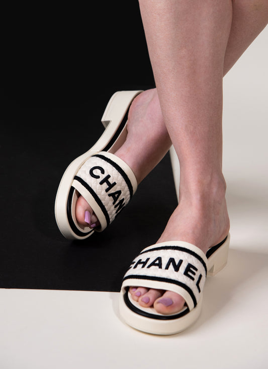 Chanel Mules in Ivory/Black