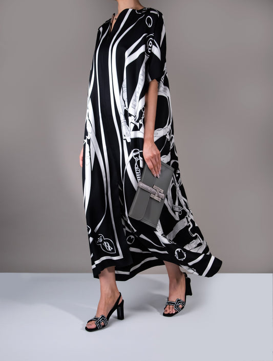 Hermès - Black & White Caftan Dress with Jige Lizard Touch Clutch in Gris Meyer/Ombre