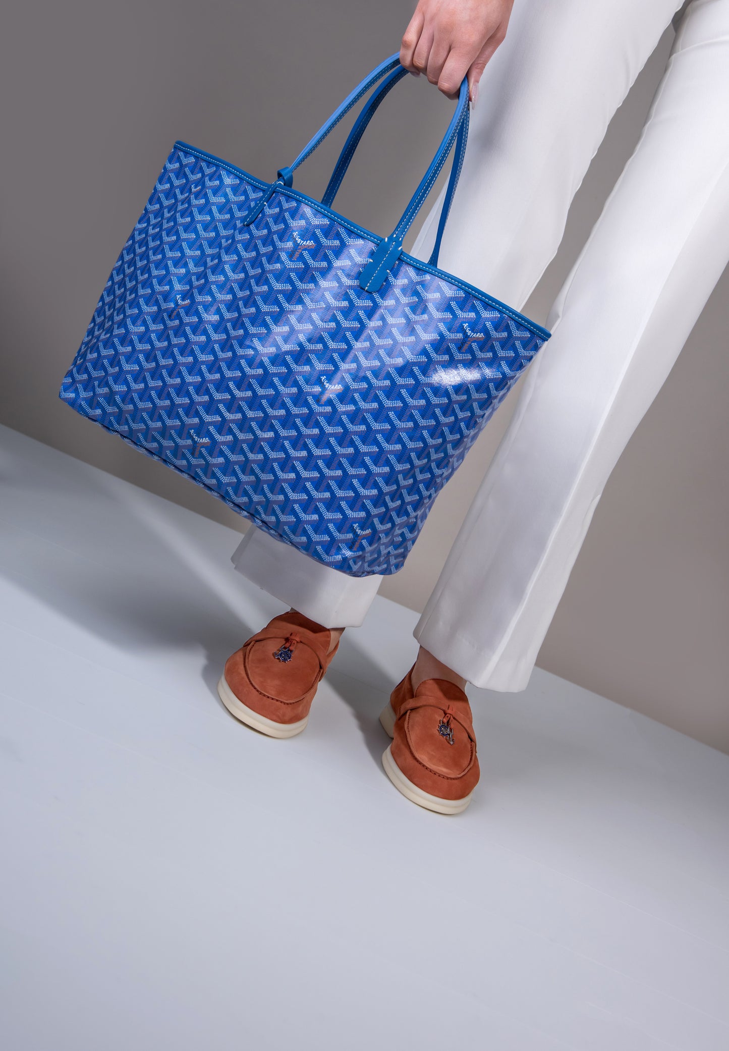 حذاء Goyard PM Saint Louis Blue Bag وLoro Piana Nautical Charms Walk Loafers باللون الأزرق المزجج