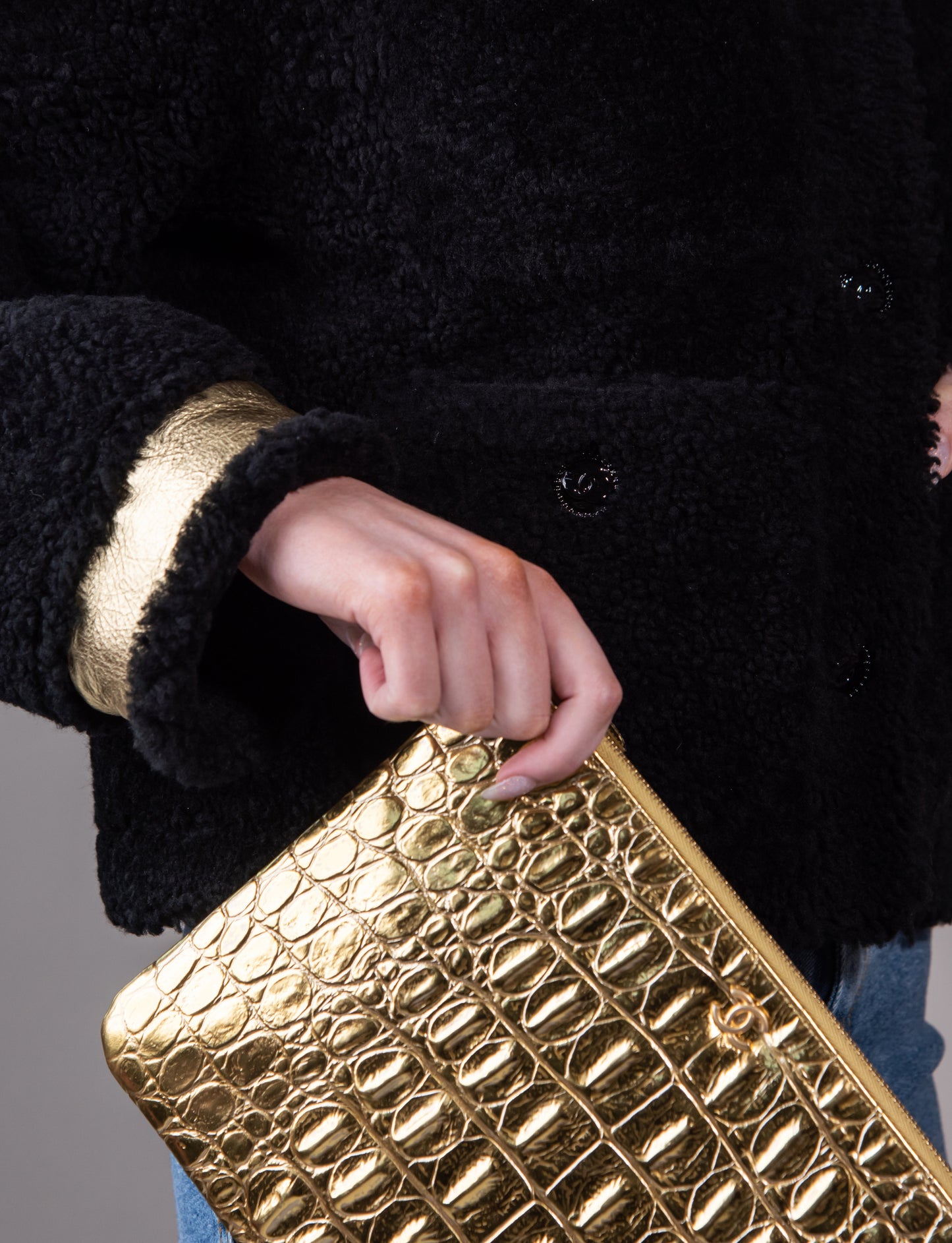 Chanel - Gold Crocodile Print Large Pouch Sleeve
