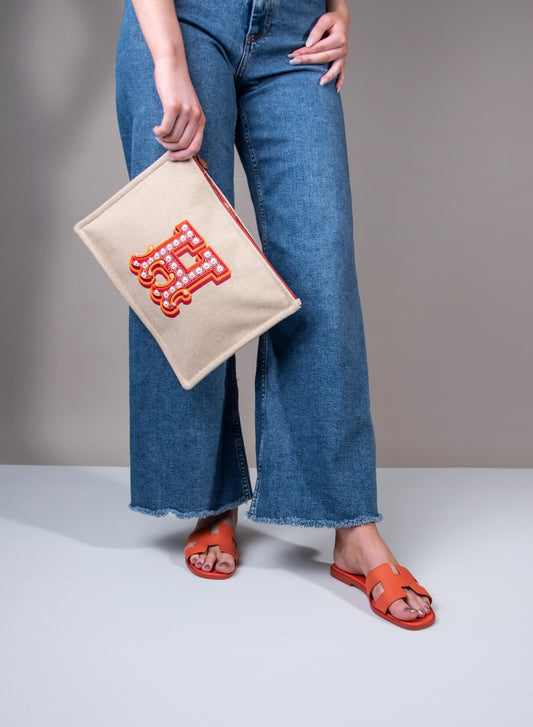 Hermès - علبة Electrique من جلد Grenat/Clémentine مع صندل برتقالي اللون
