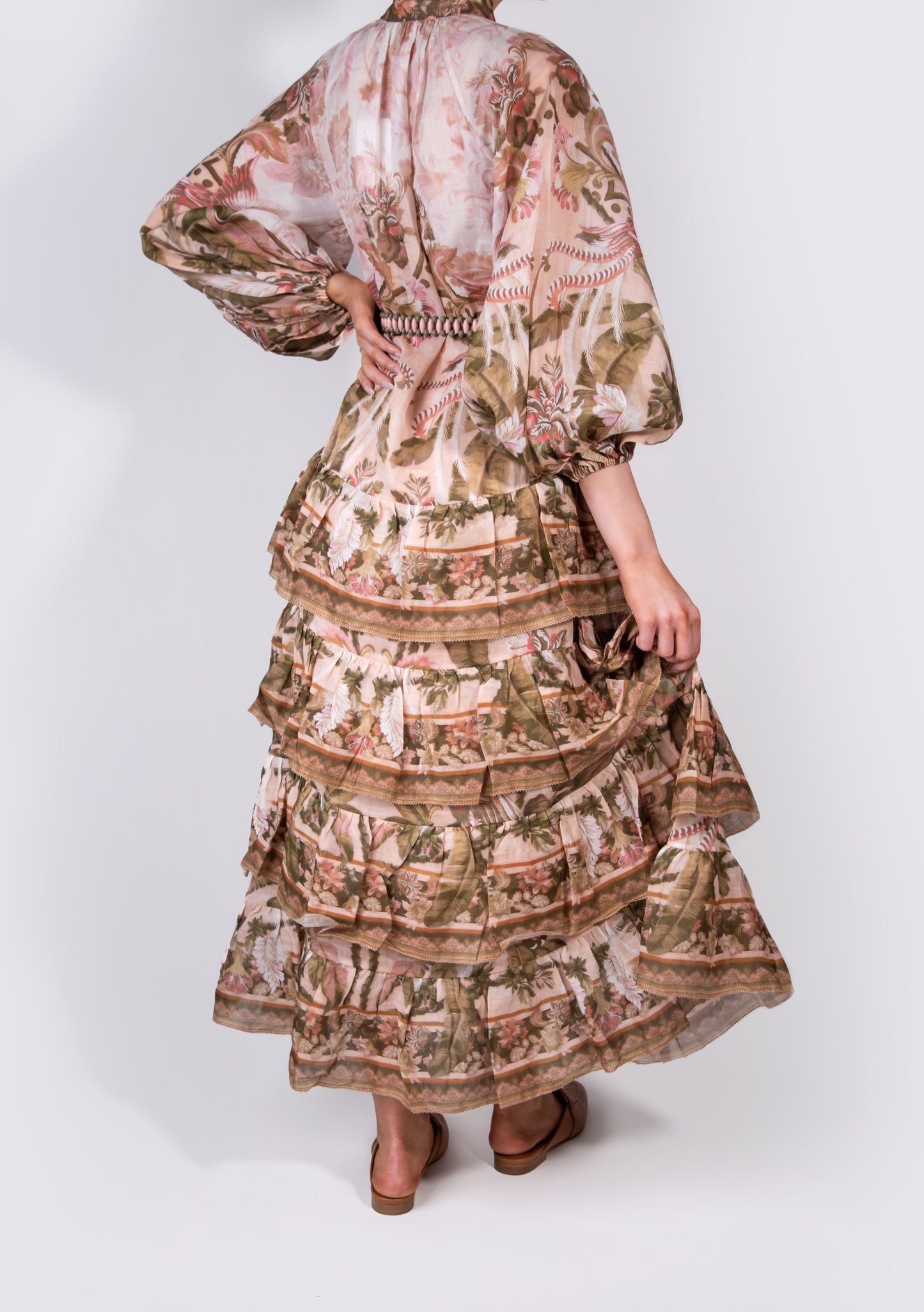 Zimmermann Lyre Tiered Billow Midi Dress with Hermès Gold Oz Mules
