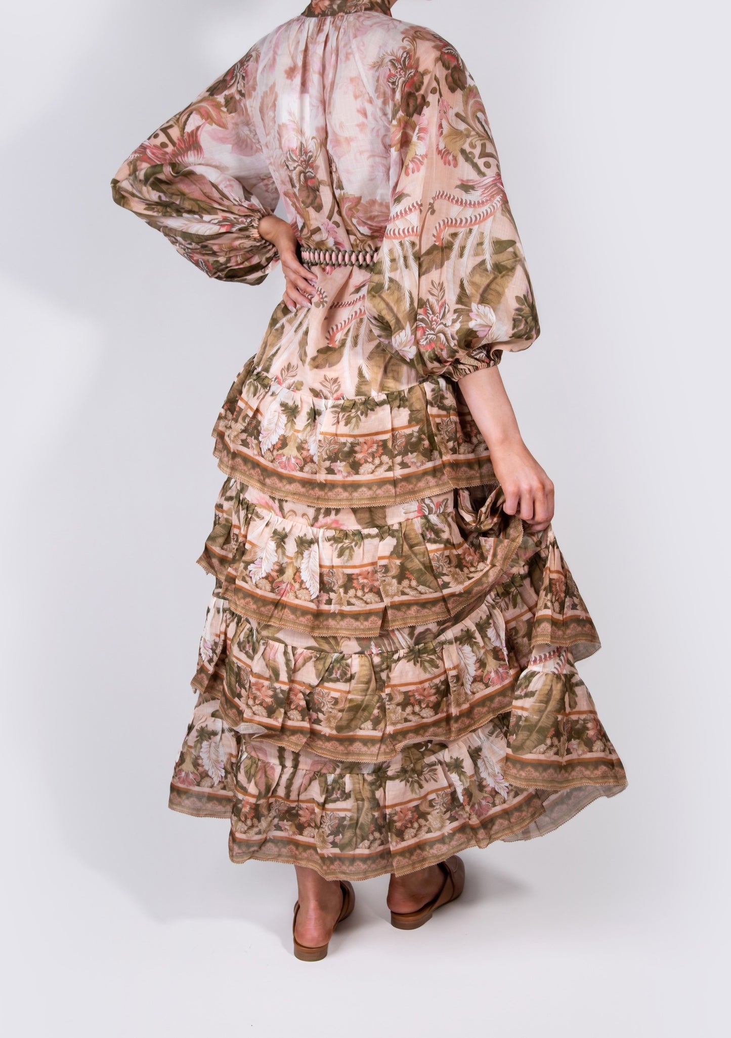 Zimmermann Lyre Tiered Billow Midi Dress with Hermès Gold Oz Mules