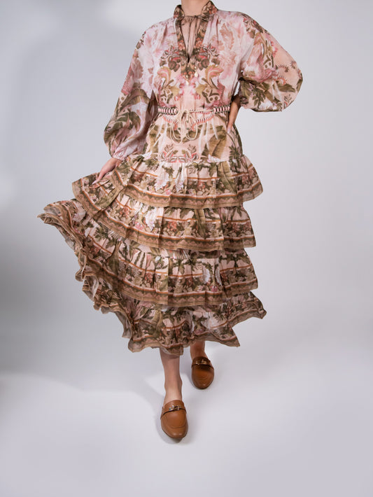 Zimmermann Lyre Tiered Billow Midi Dress with Hermès Gold Oz Mules