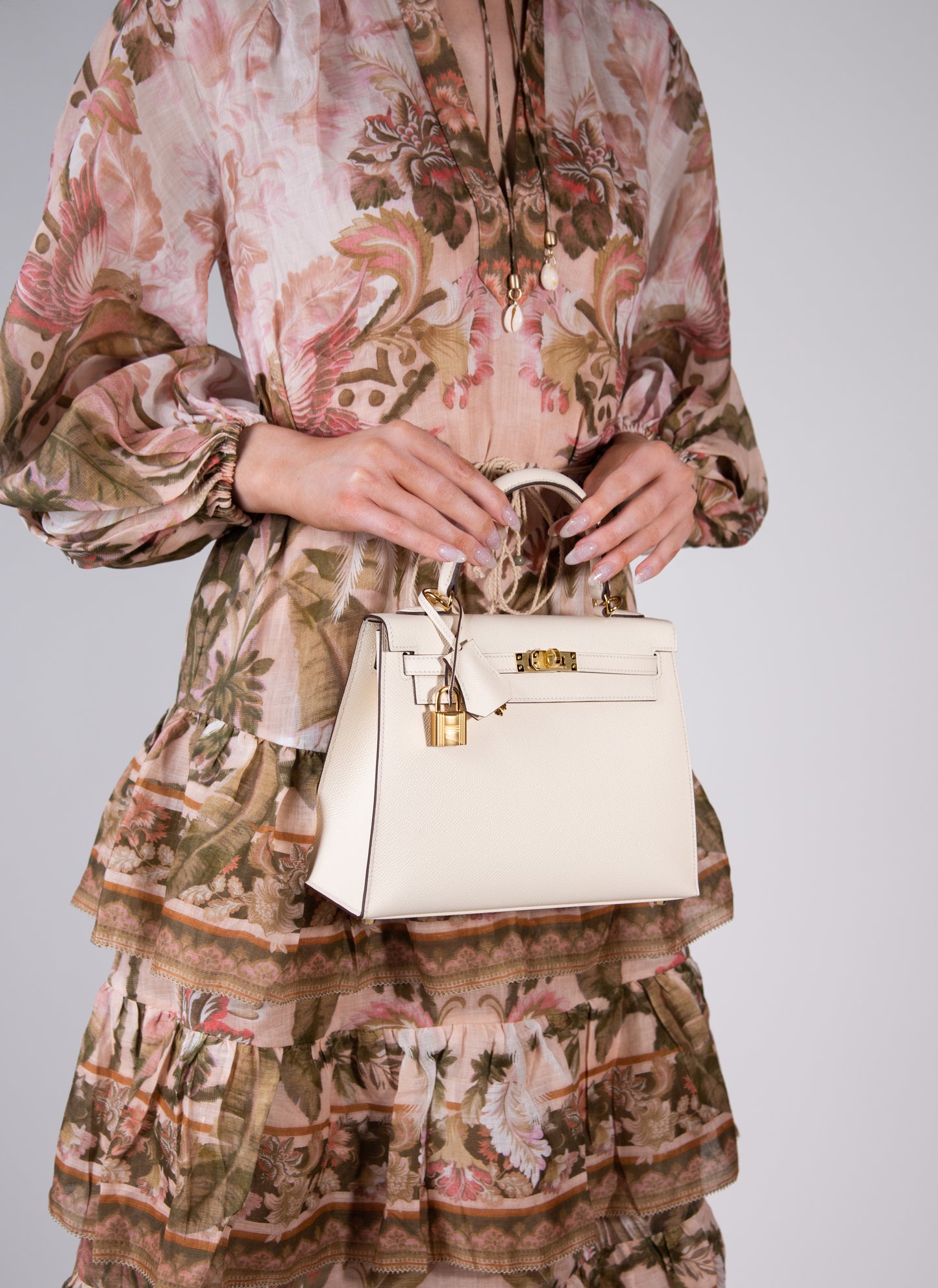 Zimmermann Lyre Tiered Billow Midi Dress with Hermès Gold Oz Mules