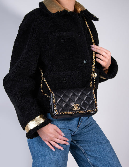 Chanel Shearling Black/Gold Jacket with Mini Black Flap Bag Caviar
