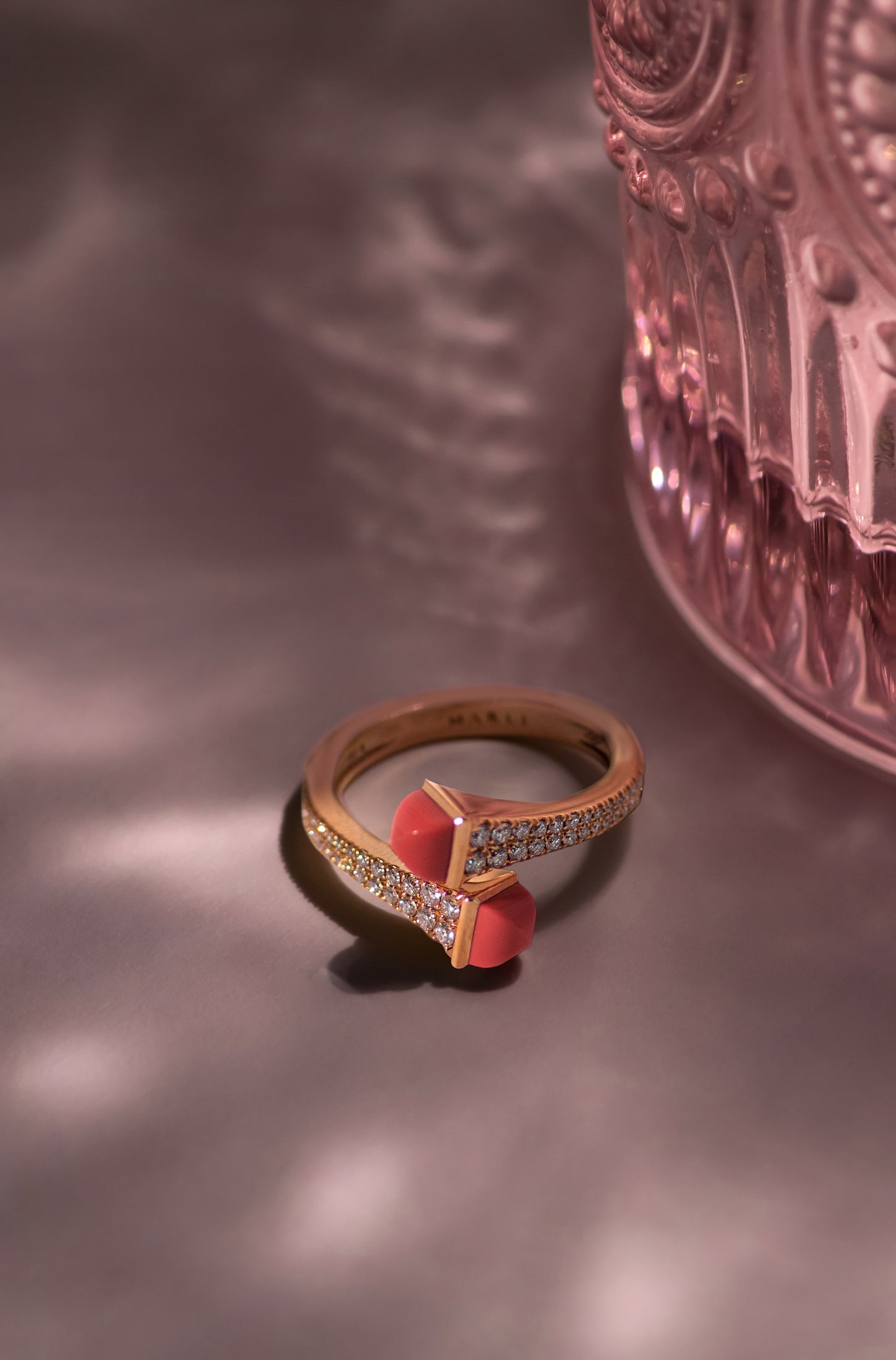 Marli Cleo Rose Gold & Pink Coral Slim Slip-On Ring, Earrings, and Bracelet