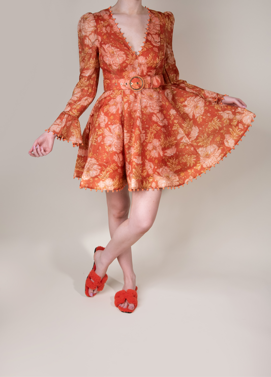 Zimmermann Kaleidoscope Mini Dress Amber Floral with Hermès Shearling Orans in Orange