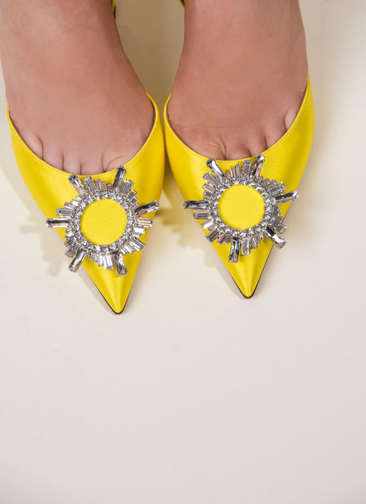 Amina Muaddi - Begum Embellished Satin Slingback Pumps in Yellow