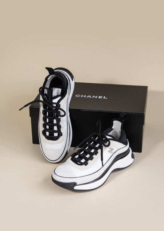 Chanel White Neoprene and Leather CC Low Top Sneakers