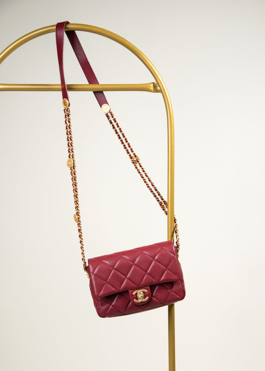 Chanel Small Burgundy Flap Bag in Grained Shiny Calfskin & Gold Tone Metal