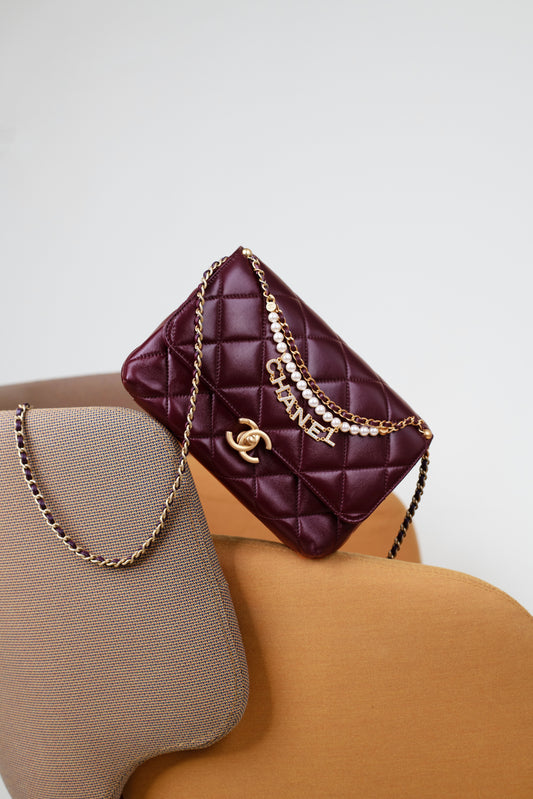 Chanel Medium Burgundy Flap Bag with 'Chanel' Pearl Chain