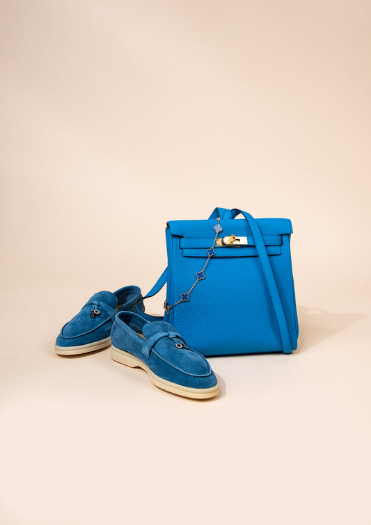Hermès Kellyado Bag in Blue Frida GHW with Loro Piana Blue Loafers