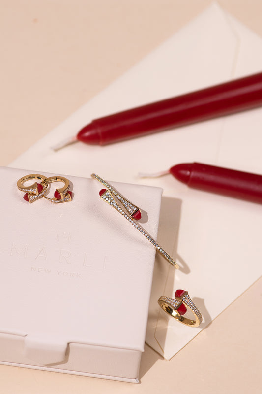 Marli Cleo Slim Slip-On Bracelet with Huggie Earrings & Ring in Yellow Gold Diamond with Red Coral