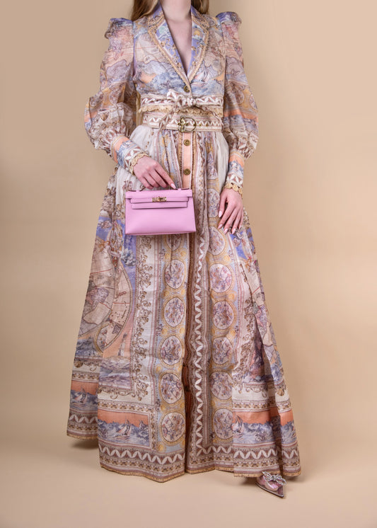Zimmermann High Tide Belted Maxi Top & Skirt with Hermès Kelly Pochette in Muave GHW