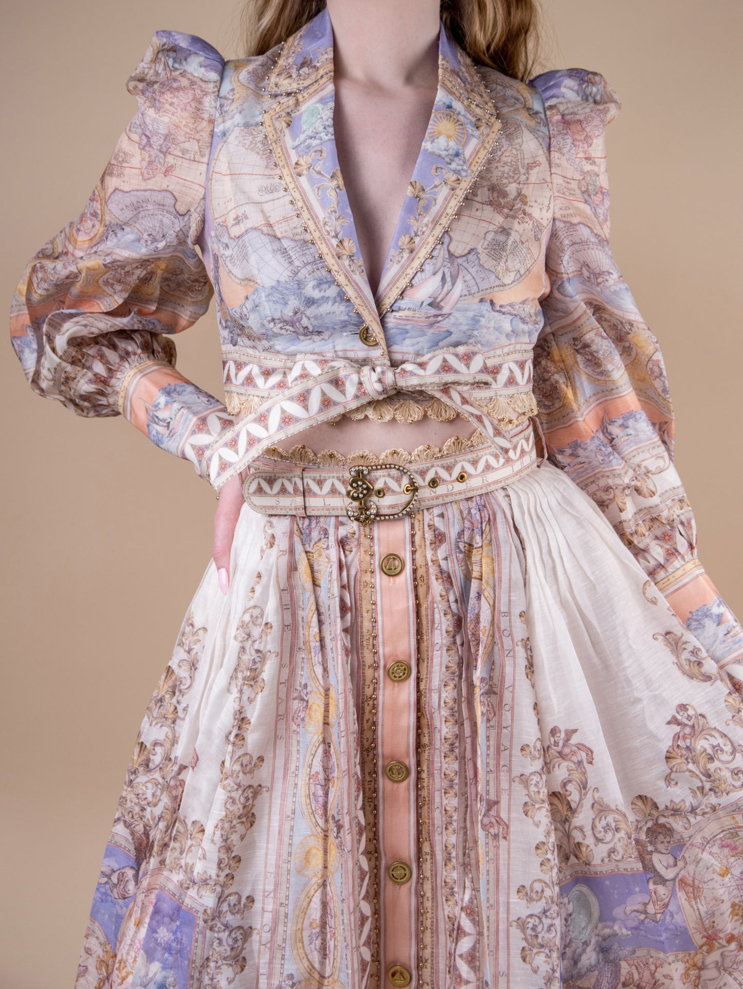 Zimmermann High Tide Belted Maxi Top & Skirt with Hermès Kelly Pochette in Muave GHW