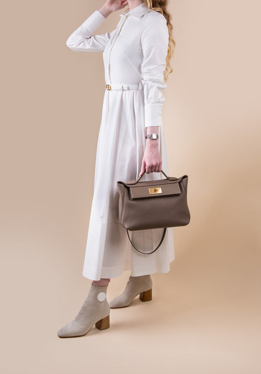 Hermès 24/24 29 in Etoupe GHW with Valentino V-Logo Belted Poplin Midi Shirtdress