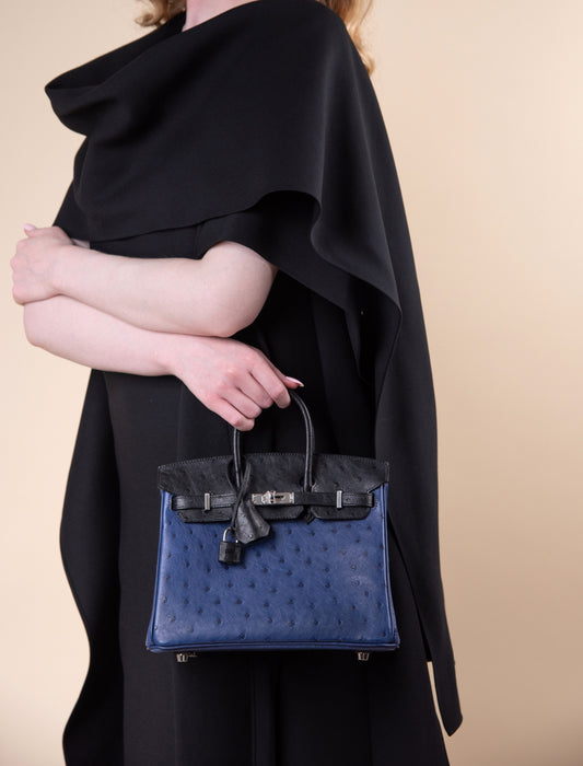 Hermès Limited Edition Birkin 25 Ostrich in Blue Sapphire/Black PHW
