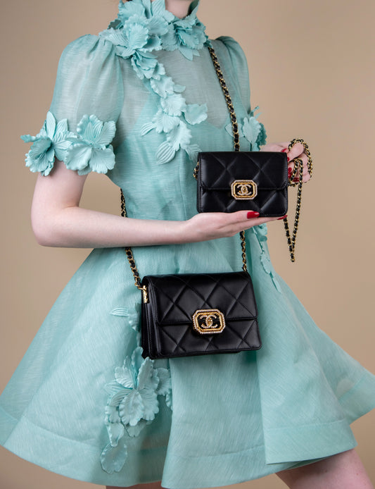 Chanel Mini & Small Flapbag in Calfskin, Strass & Gold-Tone Metal Black