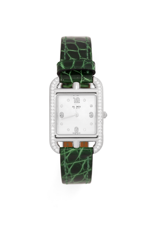 Hermès Cape Cod Watch in Diamond-Studded Stainless Steel with Green Alligator Strap