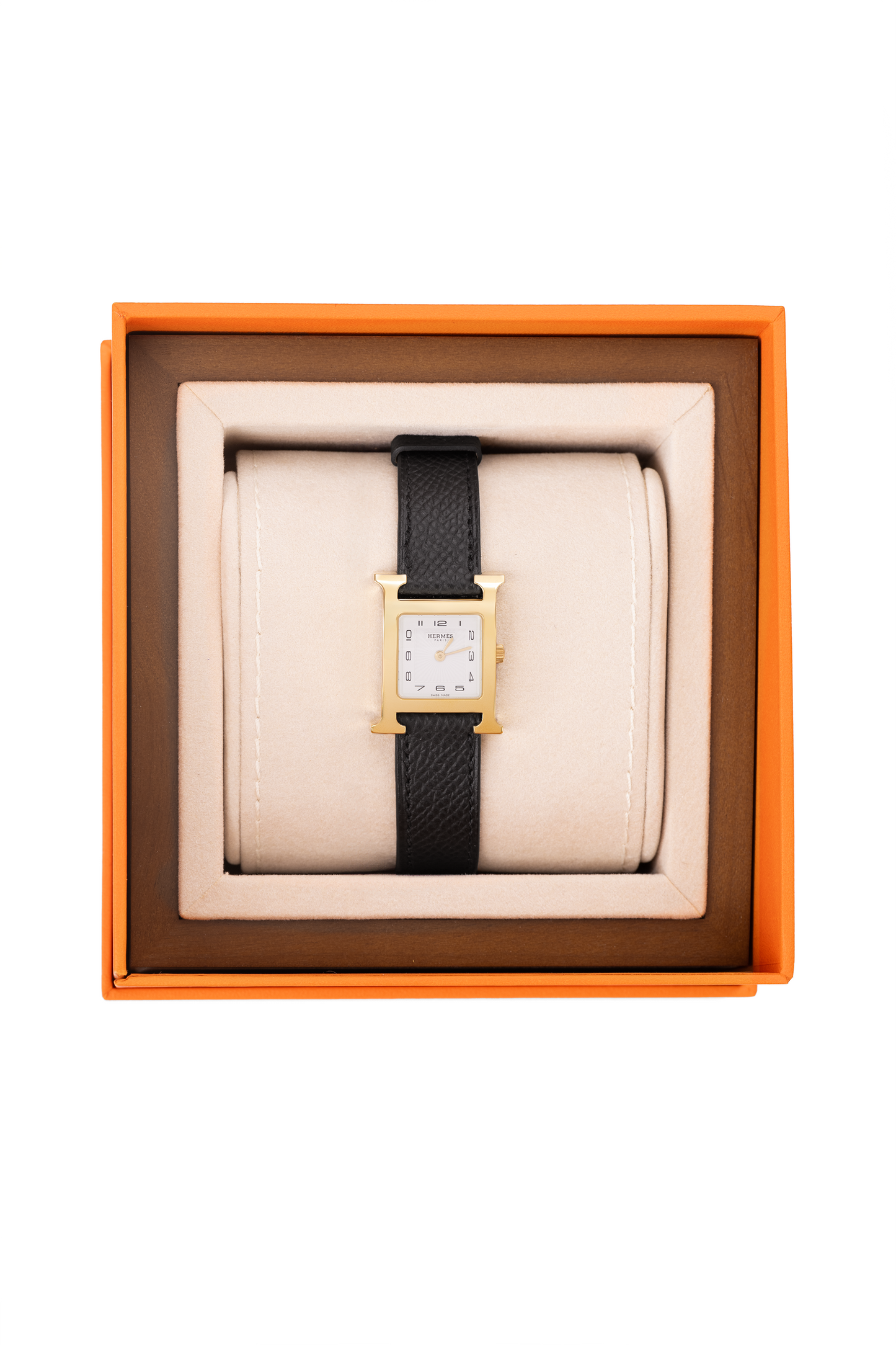 Hermès Heure Watch Yellow Gold-Plated Steel Case with Black Epsom Leather Strap