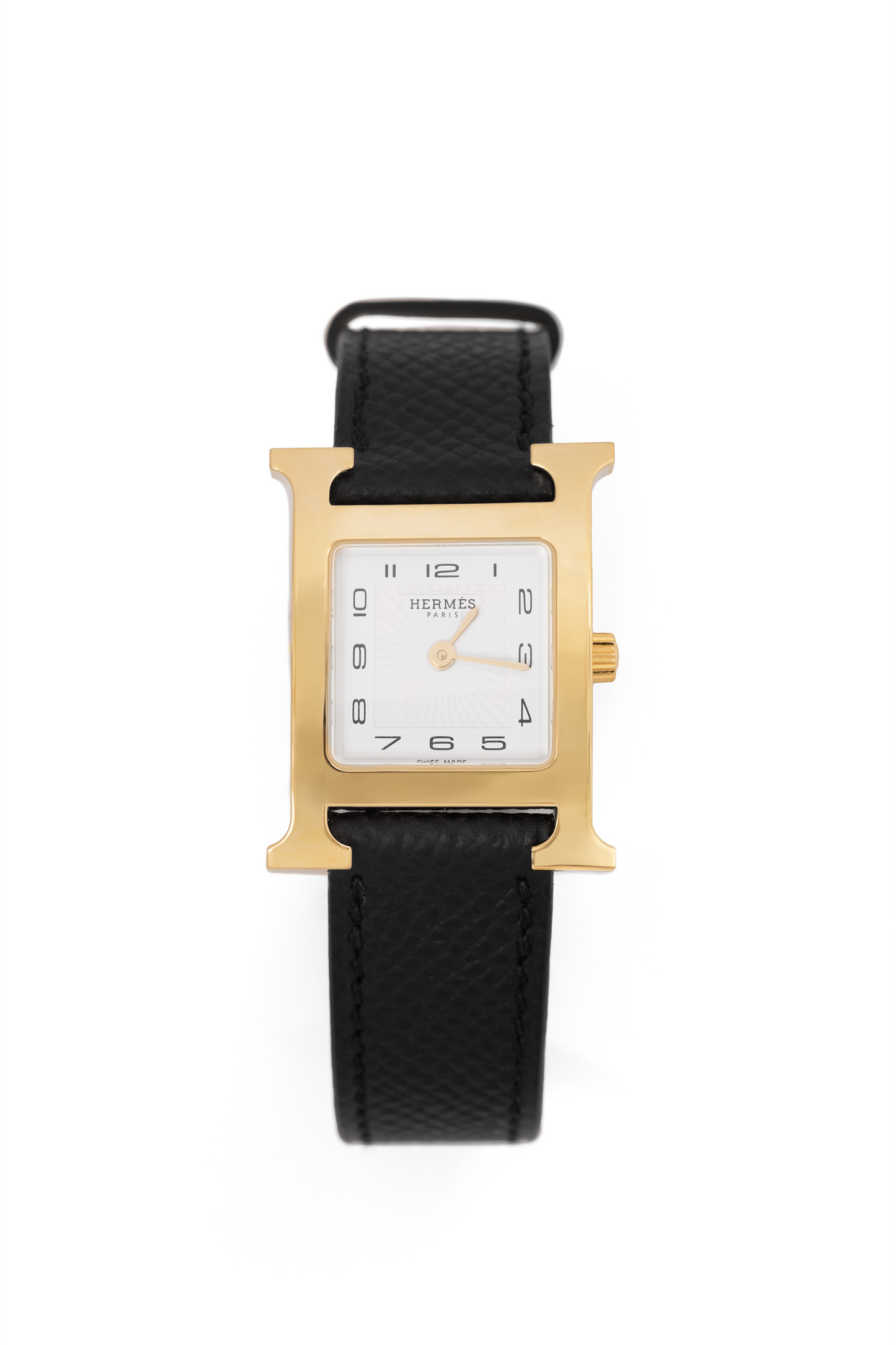 Hermès Heure Watch Yellow Gold-Plated Steel Case with Black Epsom Leather Strap