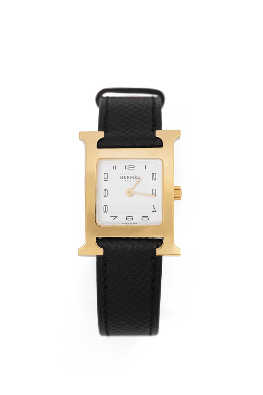 Hermès Heure Watch Yellow Gold-Plated Steel Case with Black Epsom Leather Strap