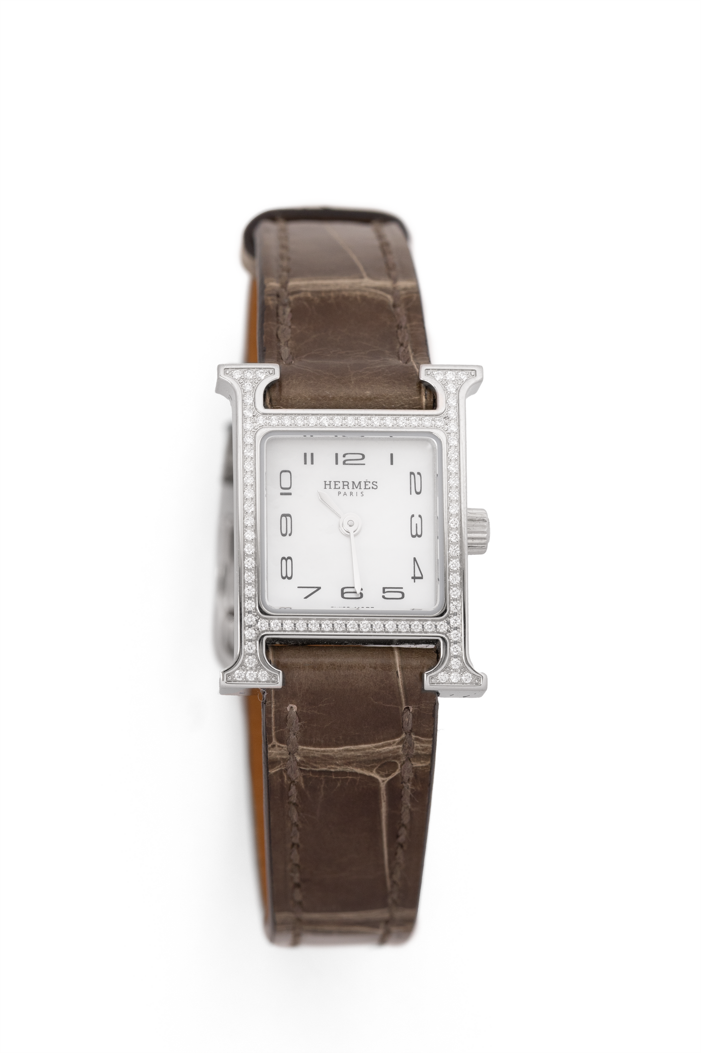 Hermès Heure Watch in Diamond-Set Stainless Steel with Gris Éléphant Alligator Strap