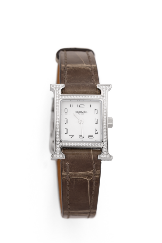 Hermès Heure Watch in Diamond-Set Stainless Steel with Gris Éléphant Alligator Strap